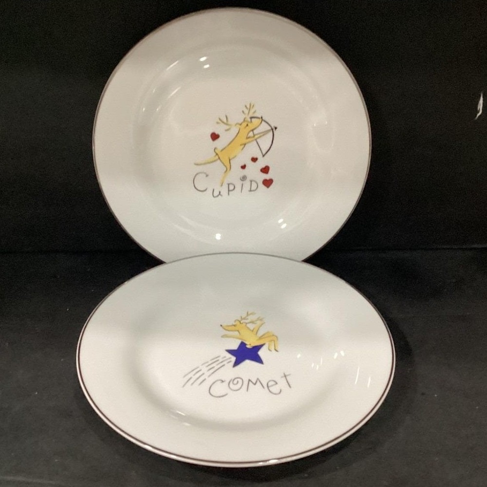 Pottery Barn 2 White Reindeer 11" Plates Comet Cupid Retired Dinner